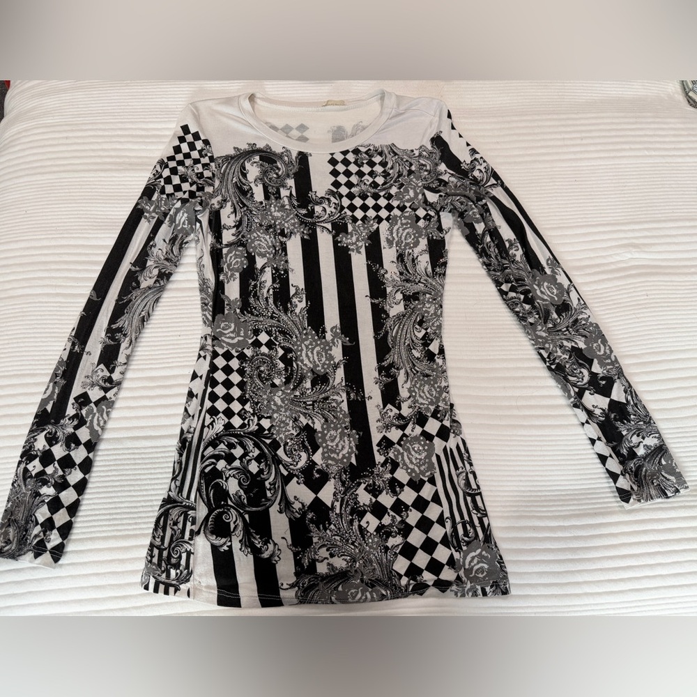 Vocal Black and White Graphic Long Sleeve Shirt with Rhinestones.